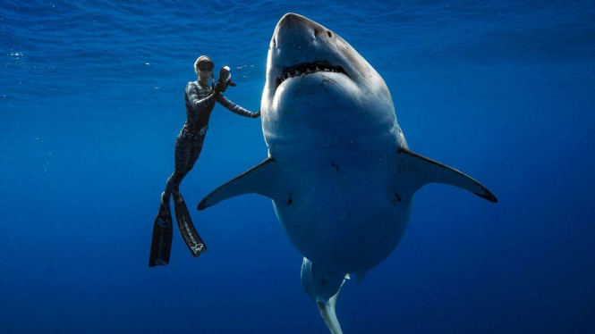 Дайверам удалось поплавать с одной из крупнейших белых акул вблизи Гавайев