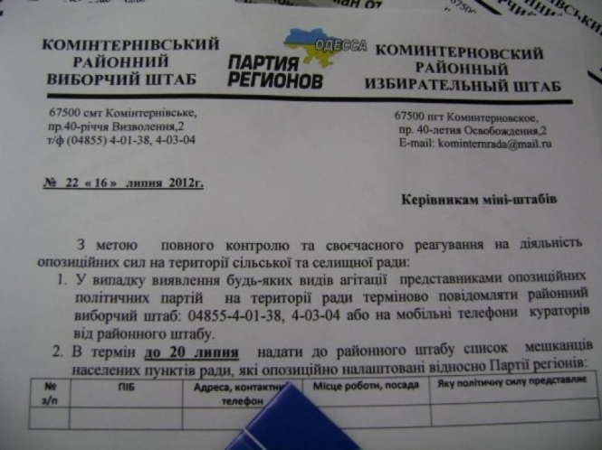 Одеські регіонали записують виборців, які за них не голосуватимуть (документ)