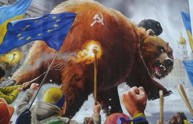Политическая карикатура журнала The Week: украинцы прогоняют Россию-медведя