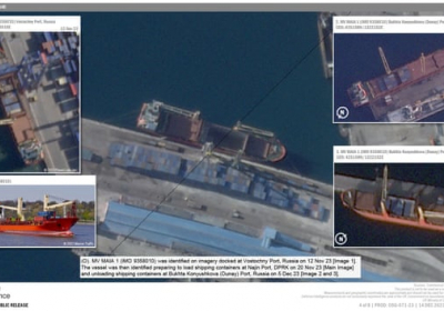 The report shows images of three Russian ships loading containers at North Korea’s revived Najin port. Photograph: UK Ministry of Defence © Crown Copyright 2023