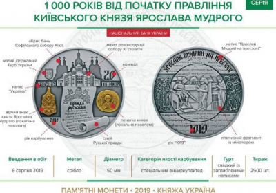 Нацбанк ввів в обіг монету на честь 1000-річчя початку правління Ярослава Мудрого