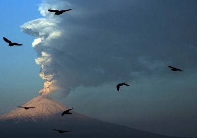 Птахи пролітають на великій відстані від вулкана Попокатепетль 18 квітня 2012.