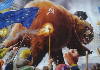 Політична карикатура журналу The Week: українці проганяють Росію-ведмедя