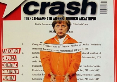 На обкладинці грецького журналу Crash Ангелу Меркель зобразили у наручниках. У заголовку йдеться про те, що європейські лідери повинні бути засуджені за геноцид греків. Фото: suomenkuvalehti.fi
